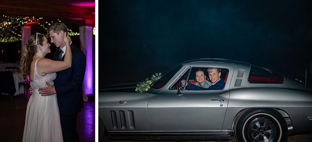 Last dance at Issaquah wedding venue and antique car getaway after reception