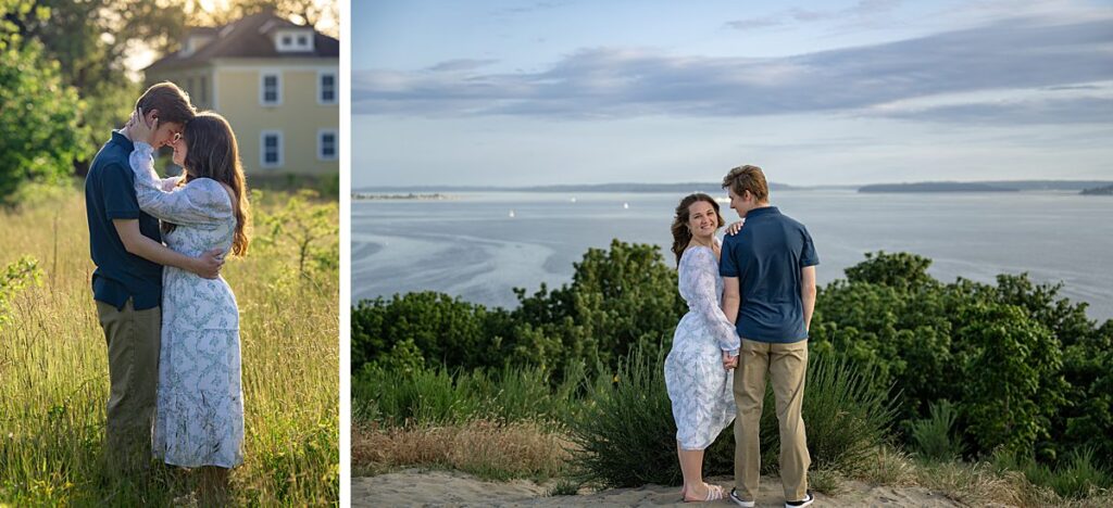 Engagement couple posing at Discovery Park Seattle waterfront floral dress