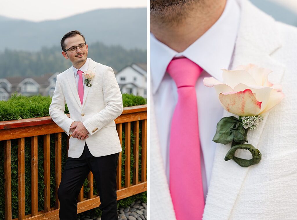 The Club at Snoqualmie Ridge wedding venue groom portraits pink tie