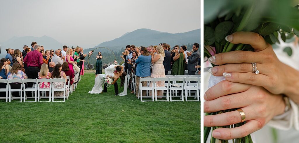 The Club at Snoqualmie Ridge wedding venue aisle dip and kiss