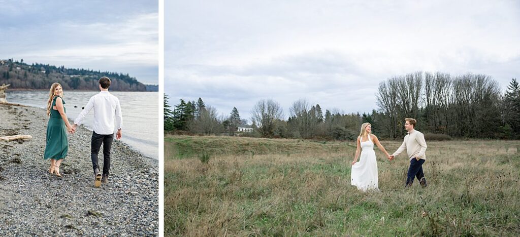 engagement couples walking posing beach and field