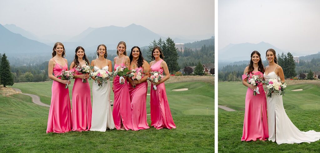 Snoqualmie golf course wedding venue wedding party pink dresses bridesmaids