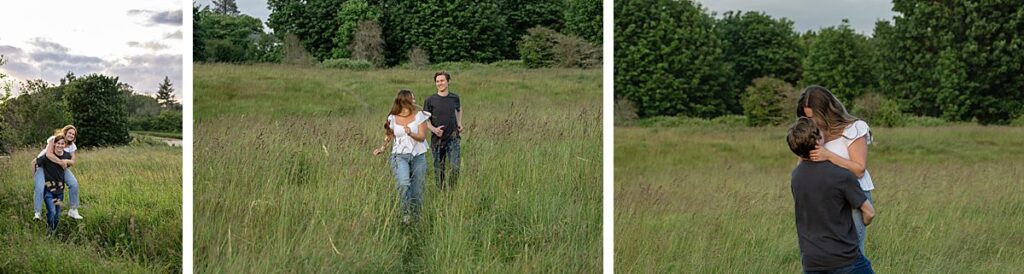 playful and candid engagement poses for couples open field