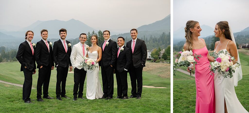 Snoqualmie golf course wedding venue wedding party pink dress and pink ties