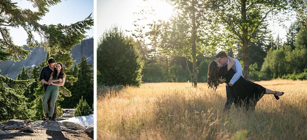 playful and candid engagement poses for couples pacific northwest adventure sessions