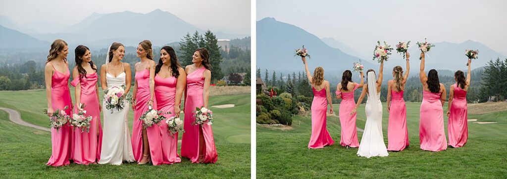 Snoqualmie golf course wedding venue bridesmaids bright pink dresses