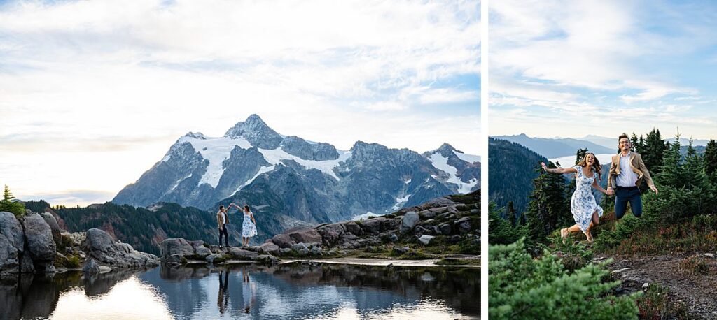 playful and candid engagement poses for couples snoqualmie national forest