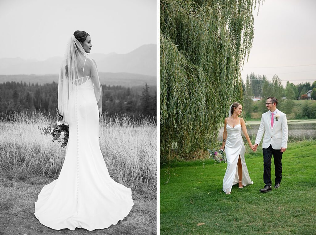 black and white bridal portrait and golf course couple portrait 