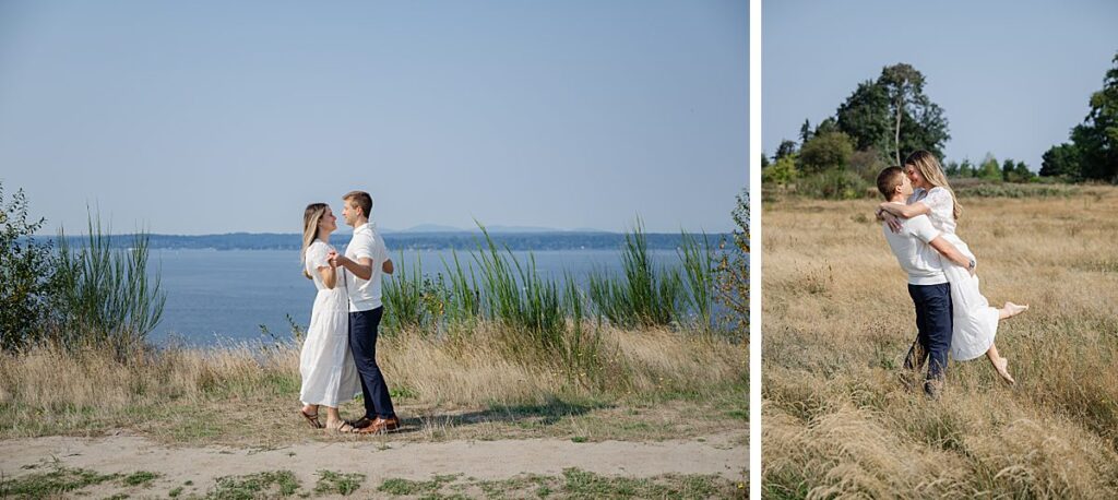 playful and candid engagement poses for couples lifting and dancing