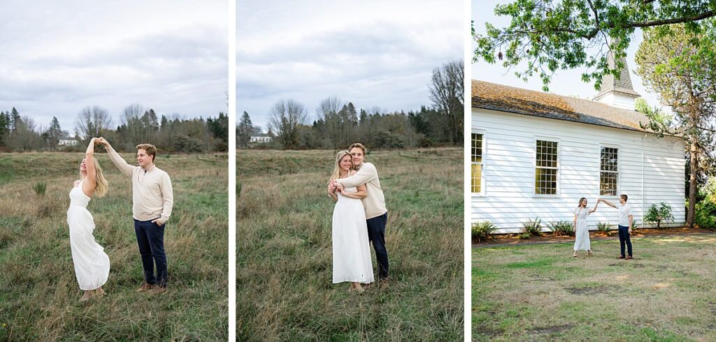 playful and candid engagement poses for couples discovery park seattle