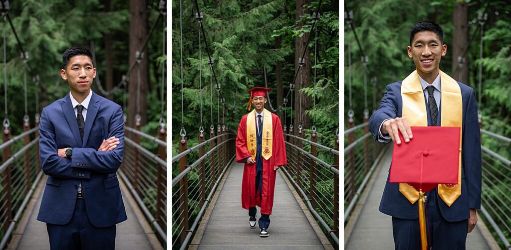 newport high school senior in cap and gown and suit
