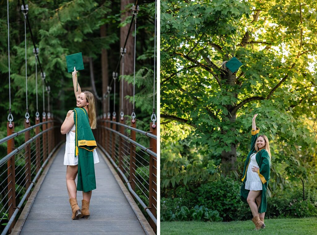 redmond high school senior in cap and gown at botanical garden