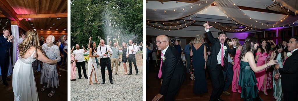 fun wedding night dancing and champagne pop