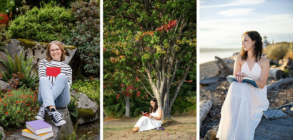 high school senior girls with books as props