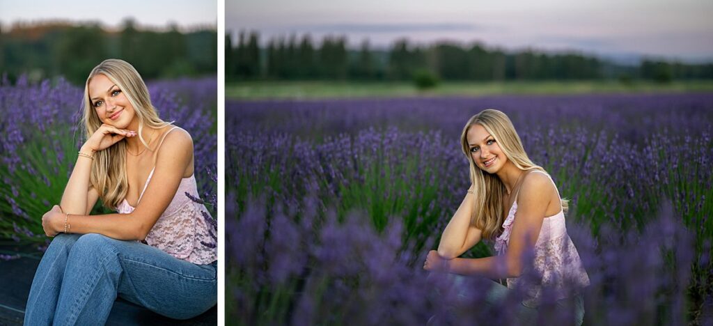 Issaquah high school senior pink lace top at woodinville lavender farm