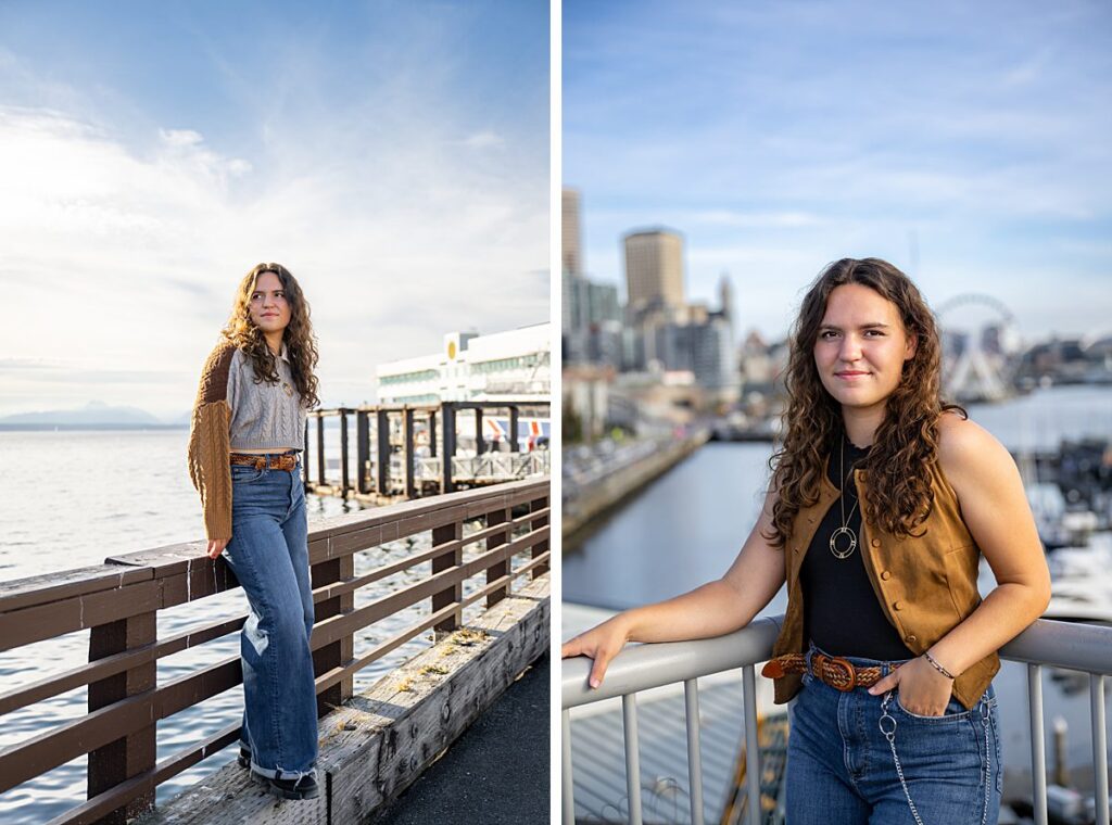 seattle ferris wheel and waterfront senior girl