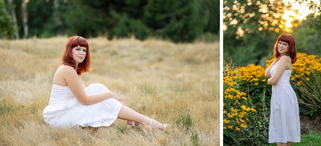 kirkland senior in white dress in field and daisy flowers