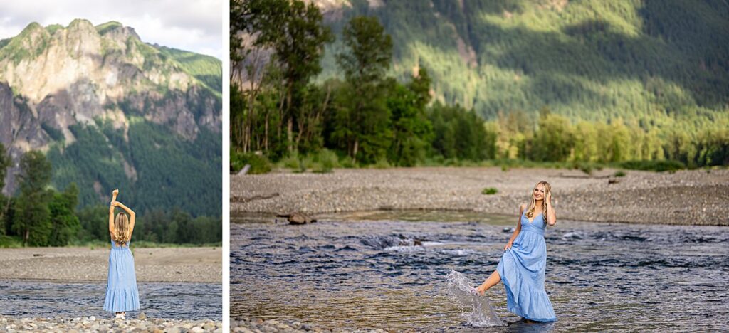 Issaquah high school senior in blue dress at mountain river