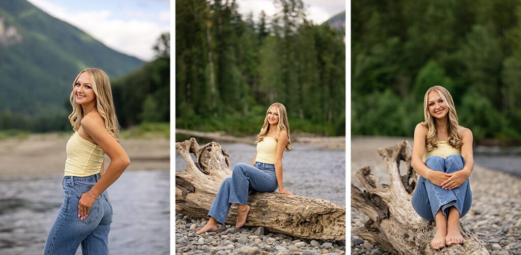 Issaquah high school senior wearing yellow top at mountain river summer
