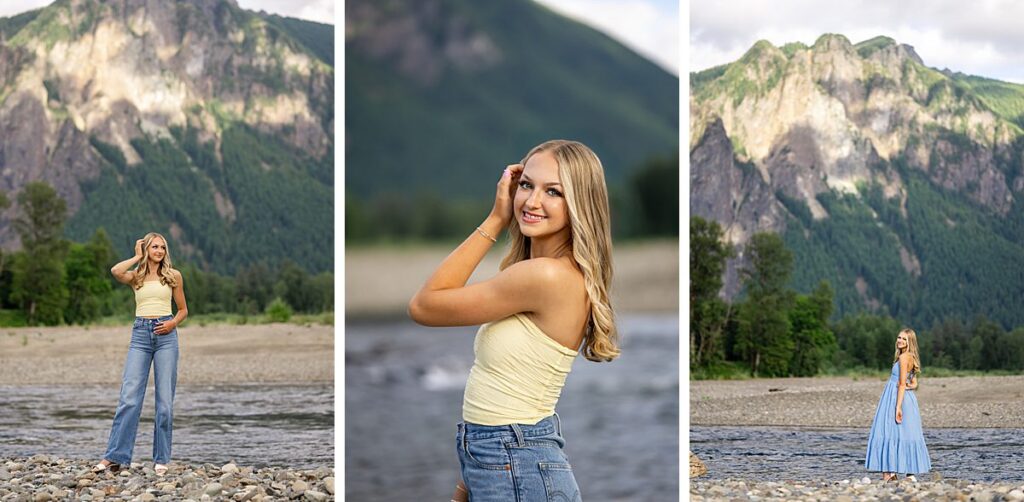 Issaquah high school senior wearing yellow top at mountain river summer