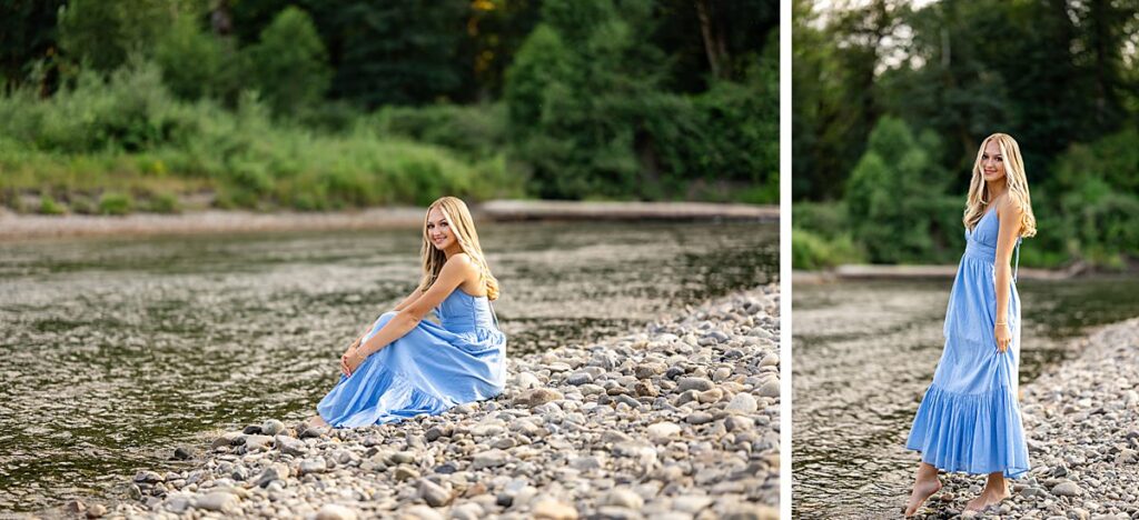 Issaquah high school senior in blue dress at mountain river