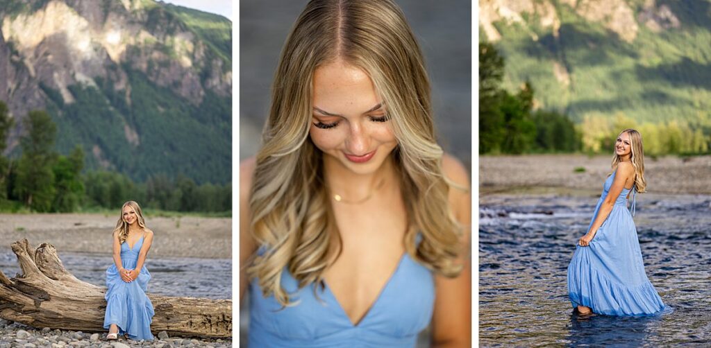 Issaquah high school senior in blue dress at mountain river