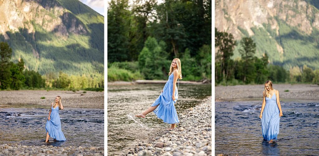 Issaquah high school senior in blue dress at mountain river