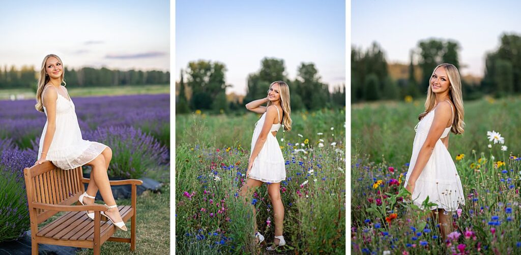 Issaquah high school senior white dress lavender and wildflower fields
