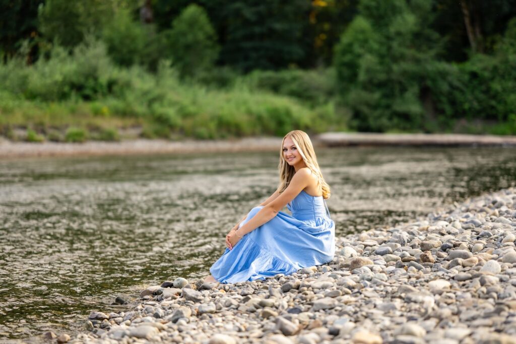 senior girl in blue dress North Bend river
