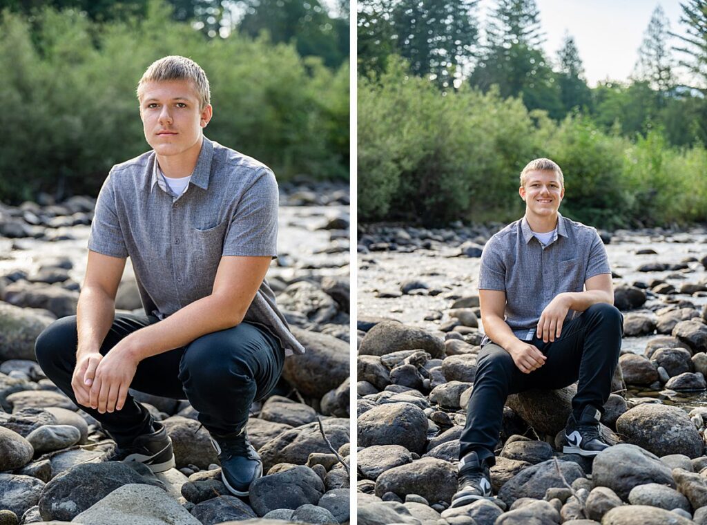 seated poses high school senior boy river