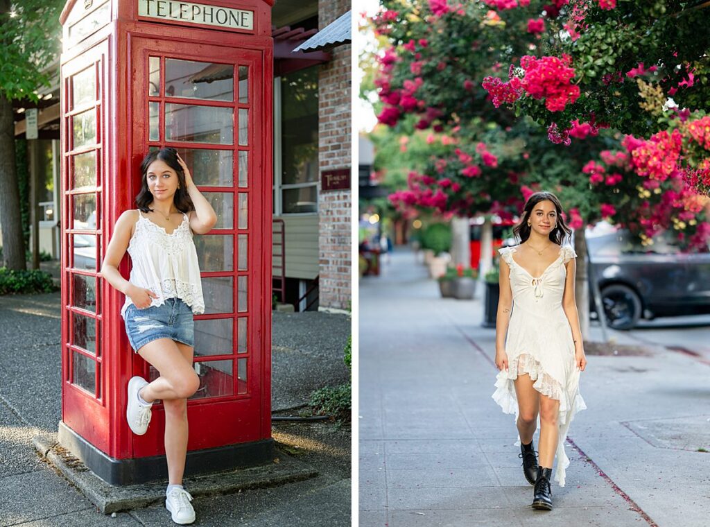 summer flowering trees in Madison Park and telephone booth senior girl