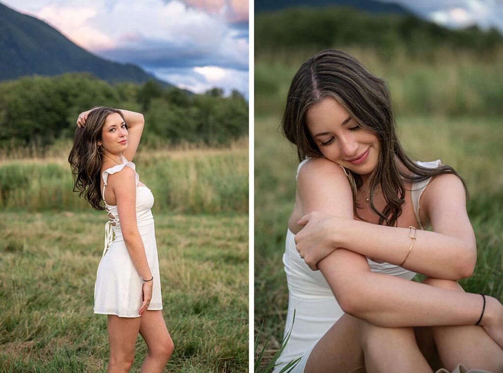senior girl open field and mountain poses white dress