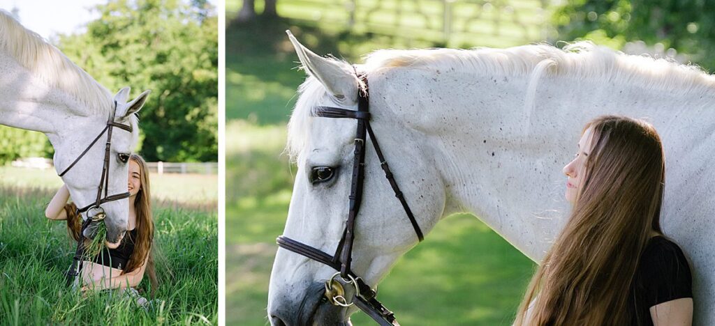 senior portrait photoshoot with white horse in grass