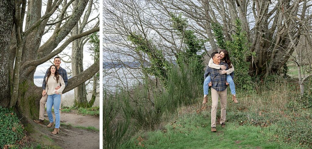 discovery park seattle engaged couple trees
