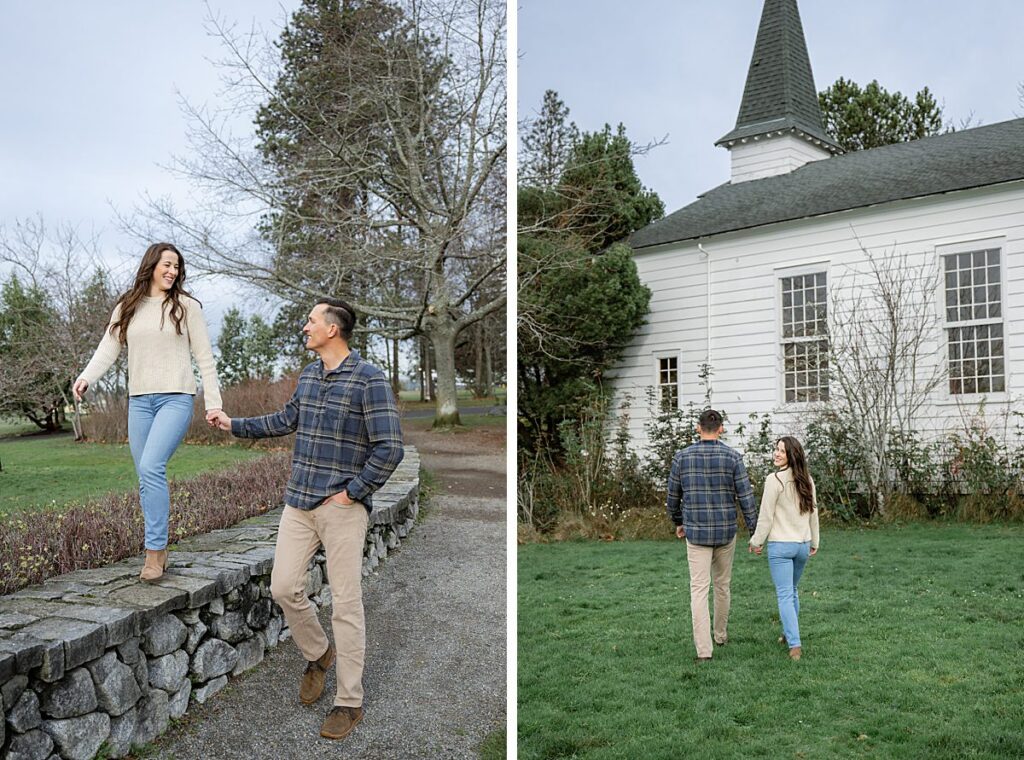 discovery park seattle engaged couple chapel walking
