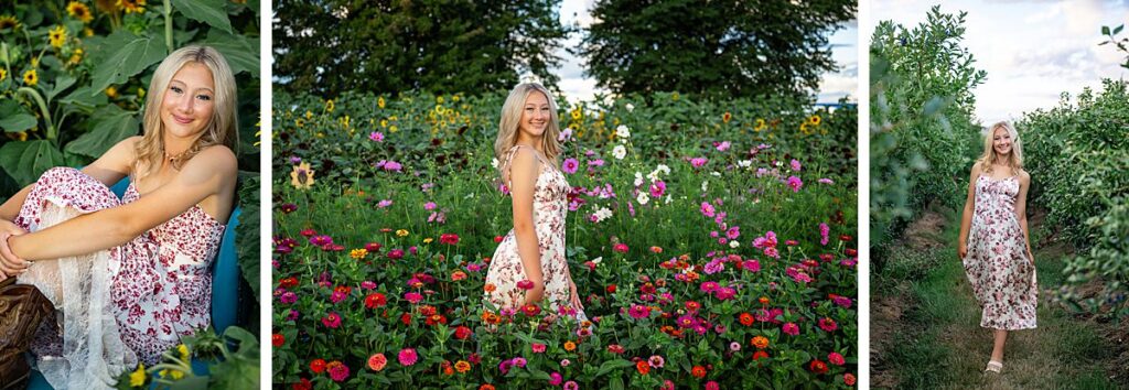 senior girl pink dress at snohomish flower farm