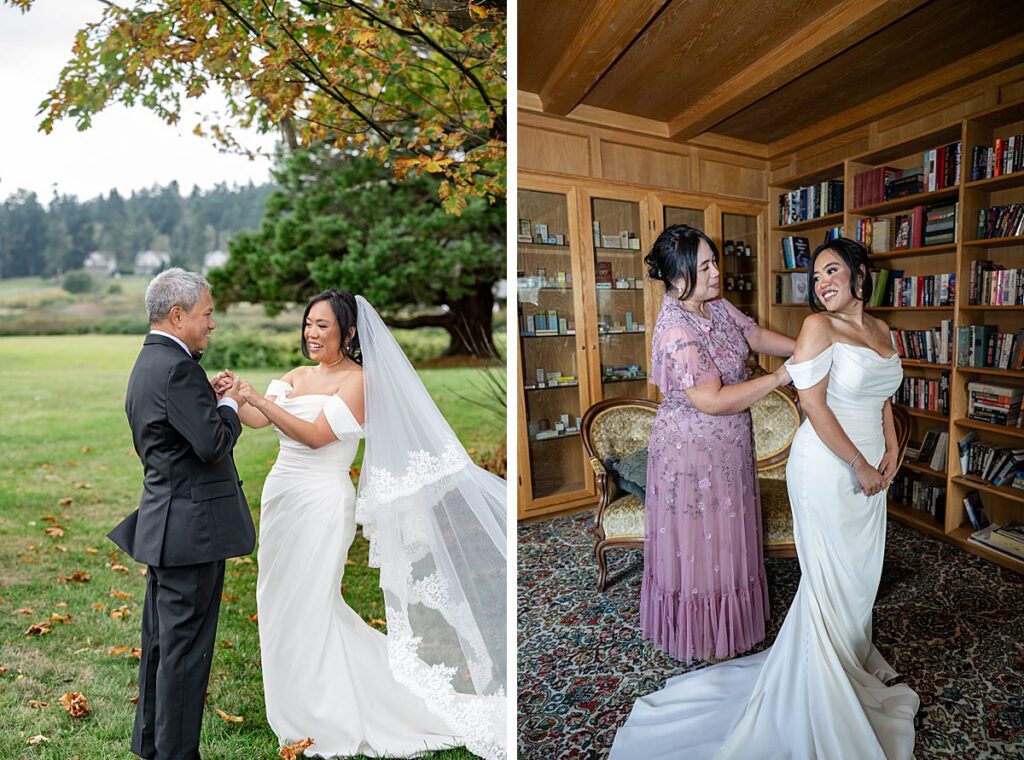 father daughter first look and bride with mother