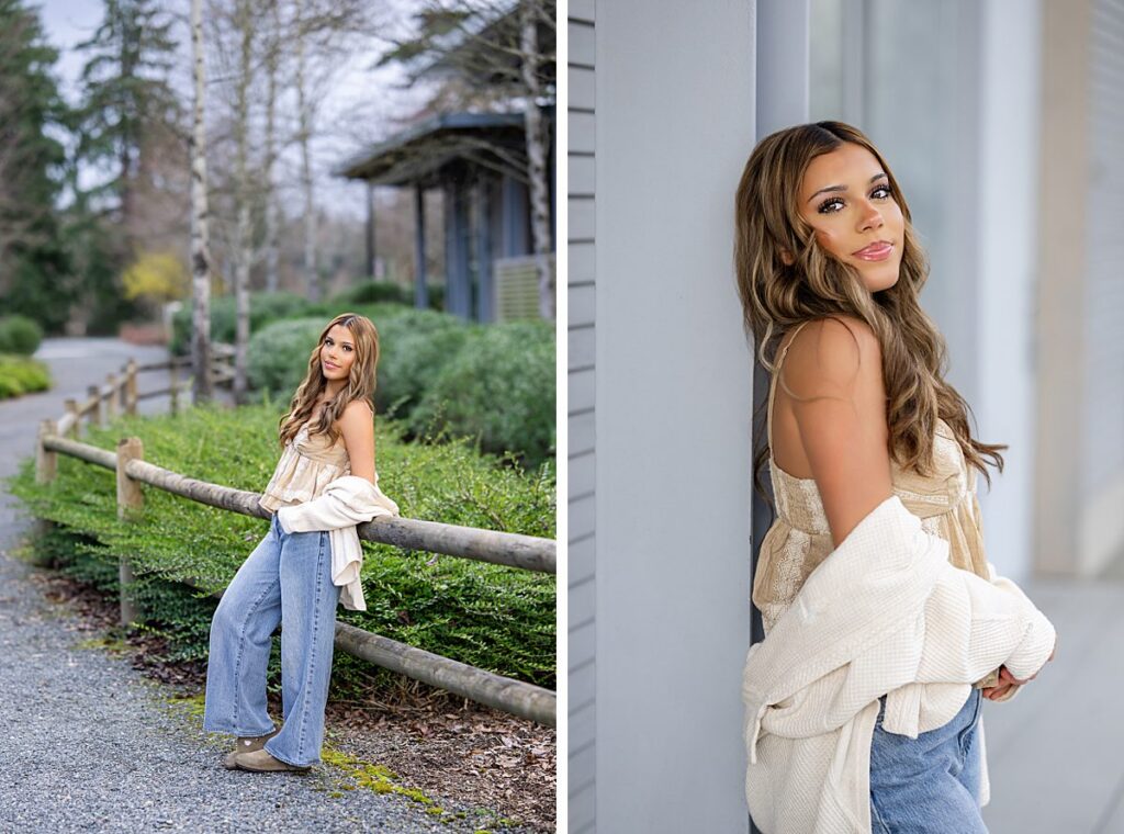 high school senior girl at bellevue botanical garden in winter