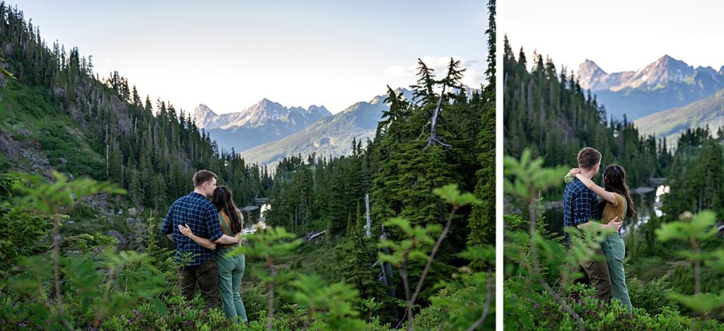 mt baker engagement session couple look at mountains