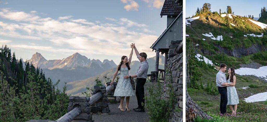 evening mt. baker engagement couple twirling 
