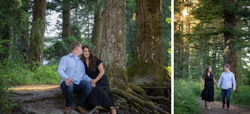 north bend engaged couple forest walk