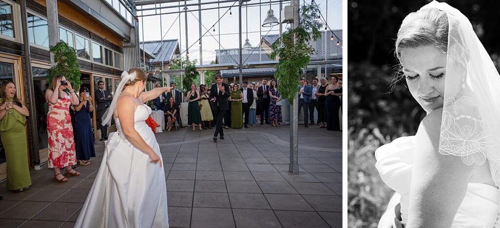 uw center for urban horticulture wedding dancing and bride in black and white